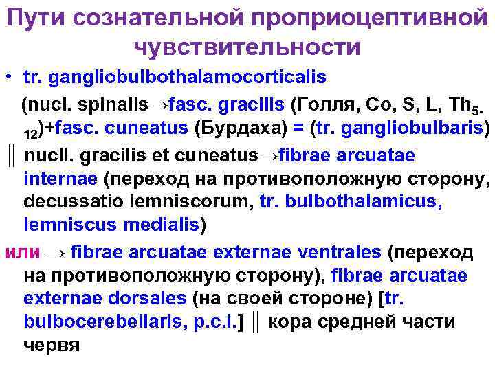 Пути сознательной проприоцептивной чувствительности • tr. gangliobulbothalamocorticalis (nucl. spinalis→fasc. gracilis (Голля, Co, S, L,