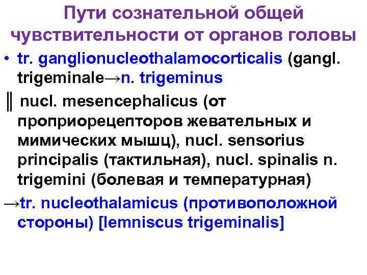 Пути сознательной общей чувствительности от органов головы • tr. ganglionucleothalamocorticalis (gangl. trigeminale→n. trigeminus ║