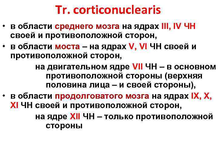 Tr. corticonuclearis • в области среднего мозга на ядрах III, IV ЧН своей и