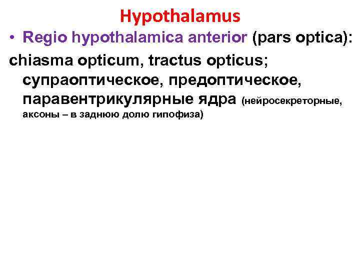 Hypothalamus • Regio hypothalamica anterior (pars optica): chiasma opticum, tractus opticus; супраоптическое, предоптическое, паравентрикулярные