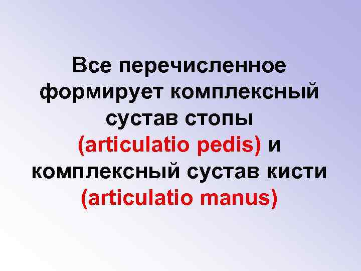 Все перечисленное формирует комплексный сустав стопы (articulatio pedis) и комплексный сустав кисти (articulatio manus)