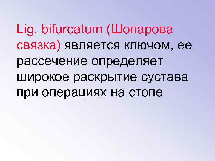 Lig. bifurcatum (Шопарова связка) является ключом, ее рассечение определяет широкое раскрытие сустава при операциях