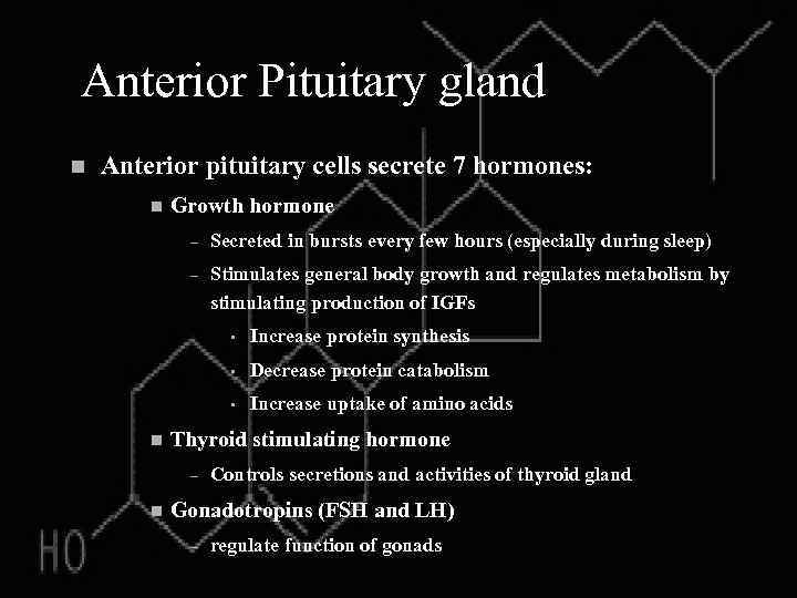 Anterior Pituitary gland n Anterior pituitary cells secrete 7 hormones: n Growth hormone –