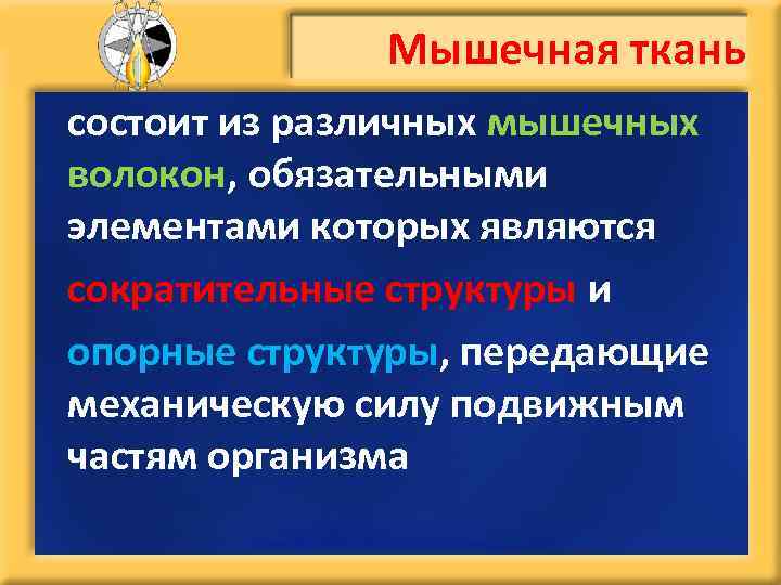 Мышечная ткань состоит из различных мышечных волокон, обязательными элементами которых являются сократительные структуры и