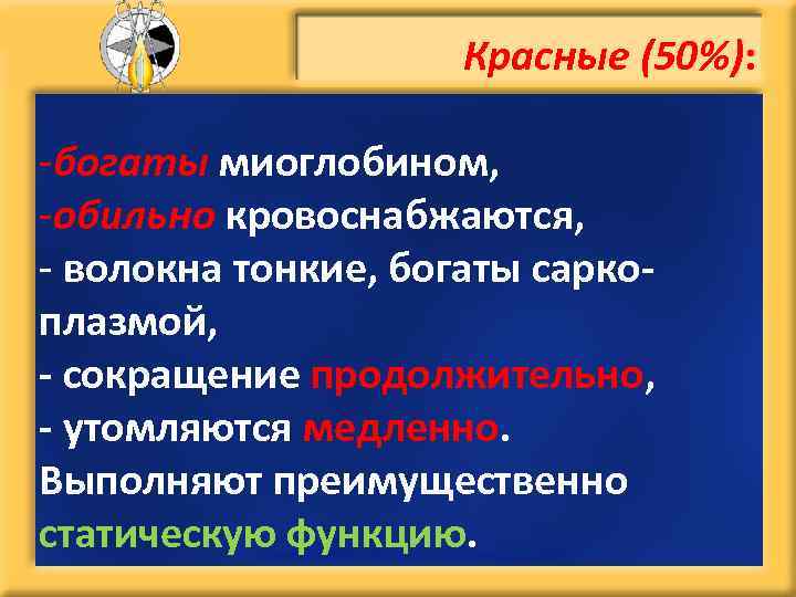 Красные (50%): -богаты миоглобином, -обильно кровоснабжаются, - волокна тонкие, богаты саркоплазмой, - сокращение продолжительно,