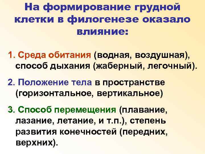 На формирование грудной клетки в филогенезе оказало влияние: 1. Среда обитания (водная, воздушная), способ