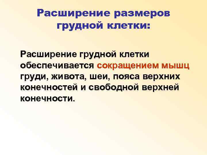 Расширение размеров грудной клетки: Расширение грудной клетки обеспечивается сокращением мышц груди, живота, шеи, пояса