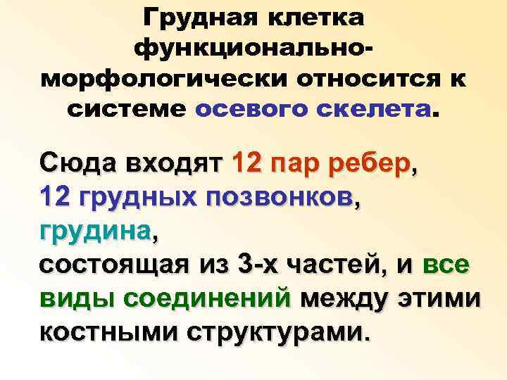 Грудная клетка функциональноморфологически относится к системе осевого скелета. Сюда входят 12 пар ребер, 12