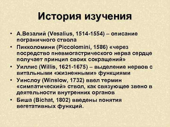 История изучения • А. Везалий (Vesalius, 1514 -1554) – описание пограничного ствола • Пикколомини