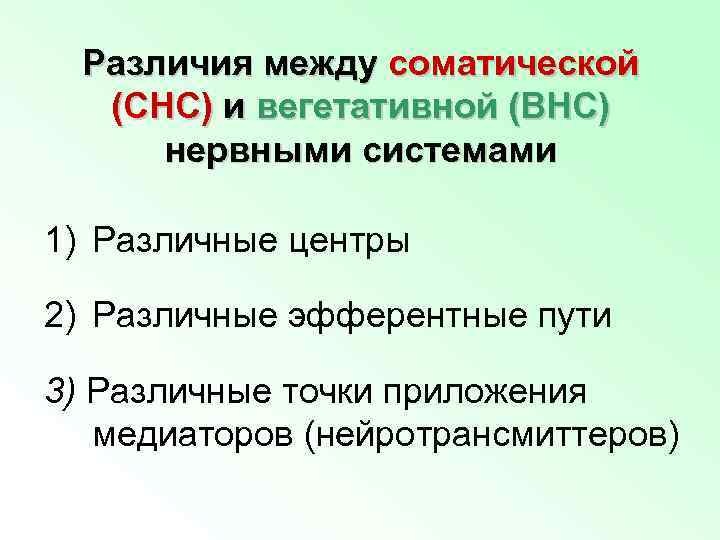 Различия между соматической (СНС) и вегетативной (ВНС) нервными системами 1) Различные центры 2) Различные