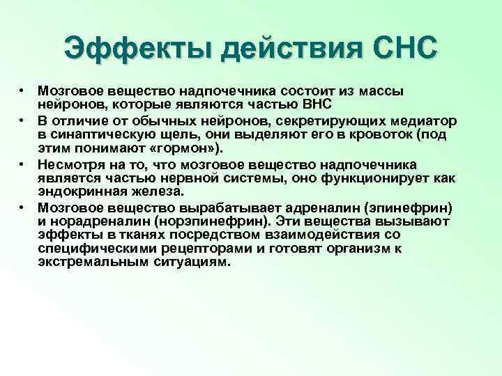 Эффекты действия СНС • Мозговое вещество надпочечника состоит из массы нейронов, которые являются частью