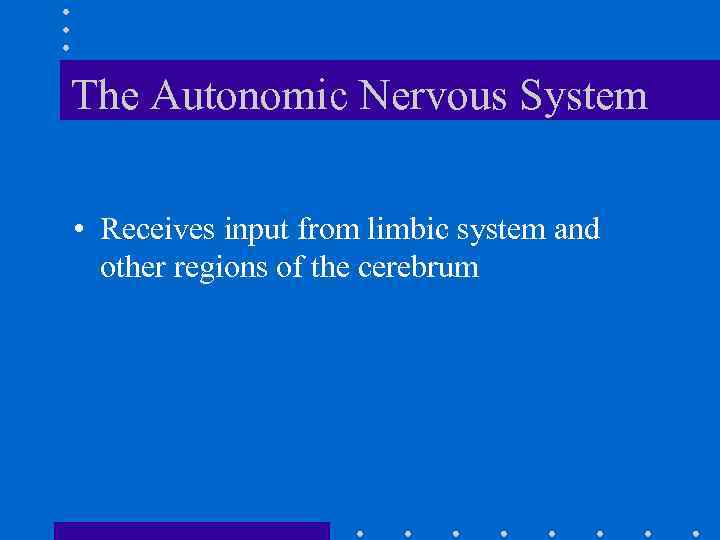 The Autonomic Nervous System • Receives input from limbic system and other regions of