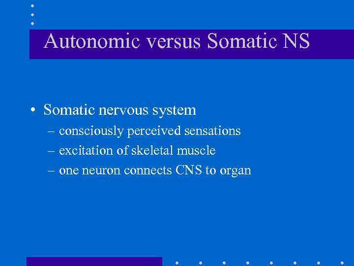 Autonomic versus Somatic NS • Somatic nervous system – consciously perceived sensations – excitation