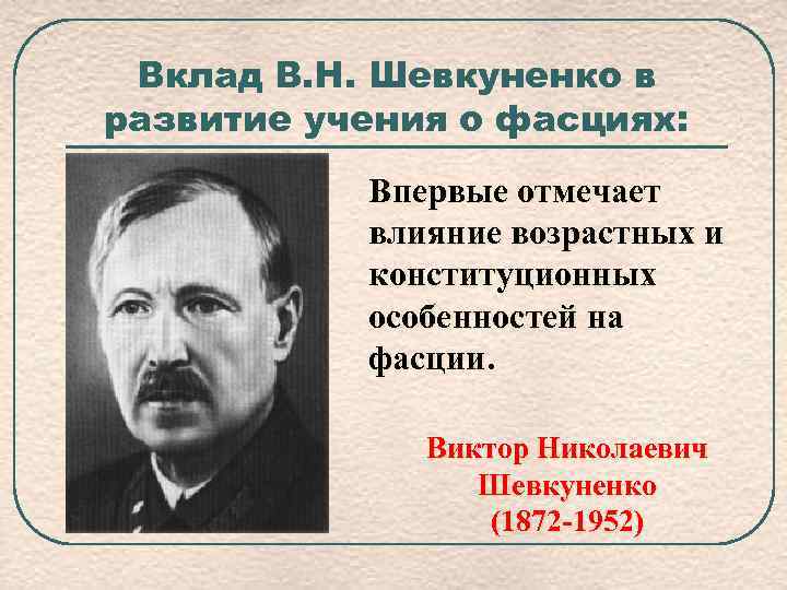 Вклад В. Н. Шевкуненко в развитие учения о фасциях: Впервые отмечает влияние возрастных и