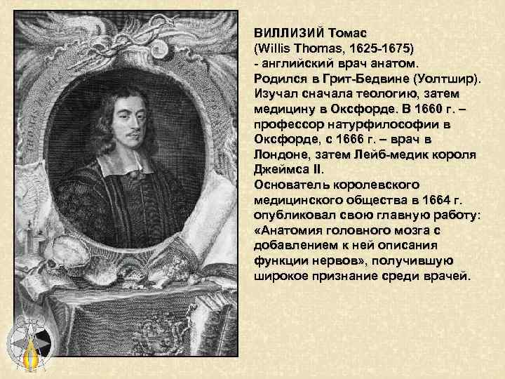 ВИЛЛИЗИЙ Томас (Willis Thomas, 1625 -1675) - английский врач анатом. Родился в Грит-Бедвине (Уолтшир).