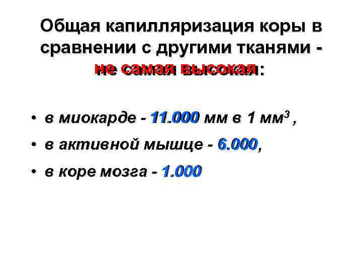 Общая капилляризация коры в сравнении с другими тканями не самая высокая: • в миокарде
