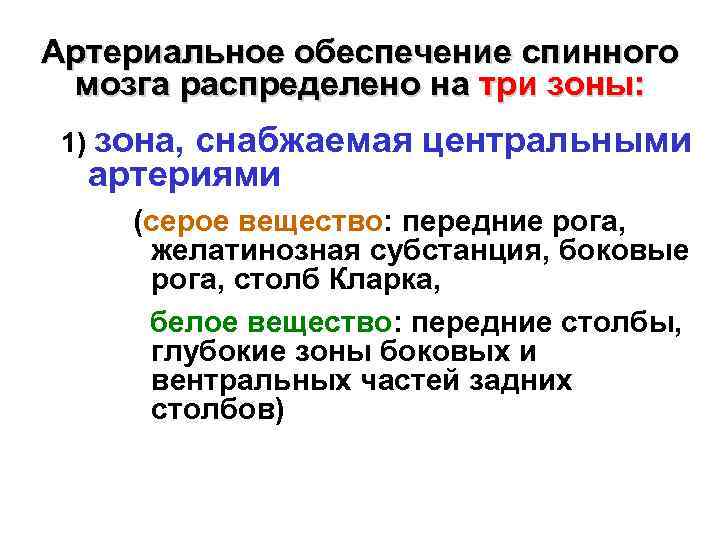 Артериальное обеспечение спинного мозга распределено на три зоны: 1) зона, снабжаемая центральными артериями (серое