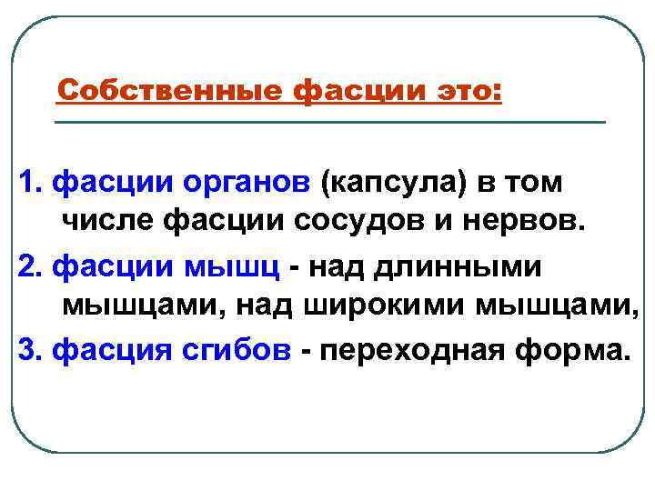 Собственные фасции это: 1. фасции органов (капсула) в том числе фасции сосудов и нервов.