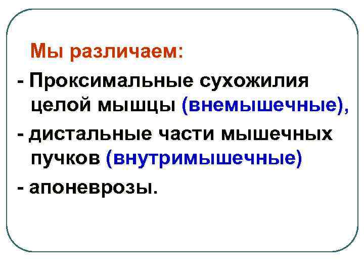 Мы различаем: - Проксимальные сухожилия целой мышцы (внемышечные), - дистальные части мышечных пучков (внутримышечные)