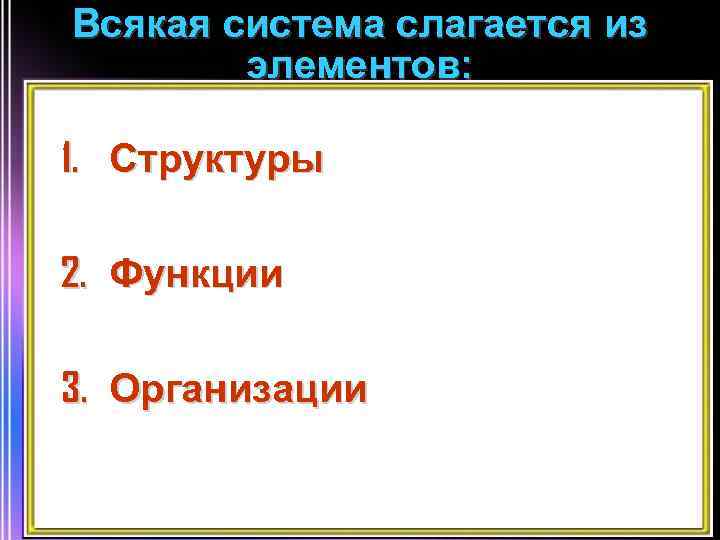 Всякая система слагается из элементов: 1. Структуры 2. Функции 3. Организации 