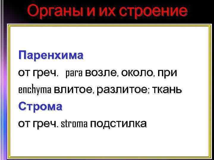 Органы и их строение Паренхима от греч. para возле, около, при enchyma влитое, разлитое;