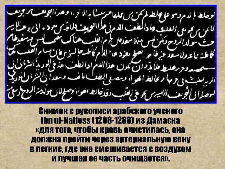 Снимок с рукописи арабского ученого Ibn ul-Nafiess (1208 -1288) из Дамаска «для того, чтобы