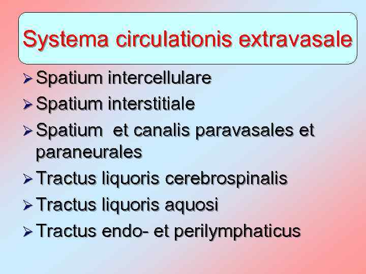Systema circulationis extravasale Ø Spatium intercellulare Ø Spatium interstitiale Ø Spatium et canalis paravasales