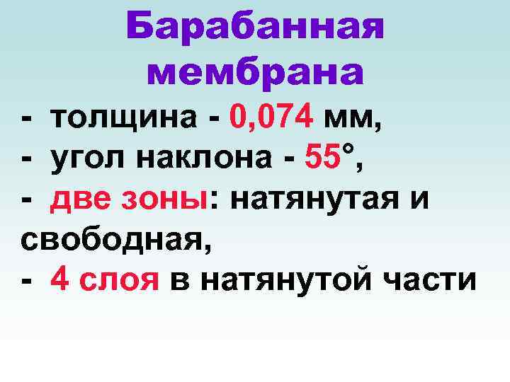 Барабанная мембрана - толщина - 0, 074 мм, - угол наклона - 55°, -
