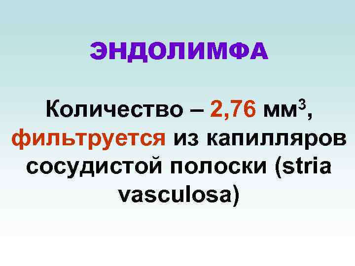 ЭНДОЛИМФА 3, Количество – 2, 76 мм фильтруется из капилляров сосудистой полоски (stria vasculosa)