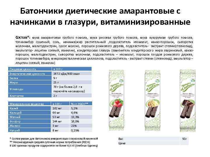 Батончики диетические амарантовые с начинками в глазури, витаминизированные Состав*: мука амарантовая грубого помола, мука