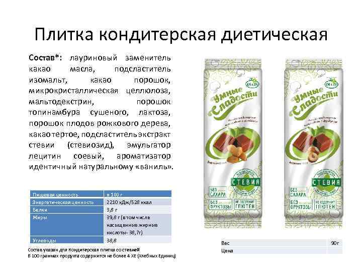 Плитка кондитерская диетическая Состав*: лауриновый заменитель какао масла, подсластитель изомальт, какао порошок, микрокристаллическая целлюлоза,