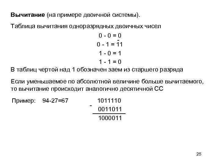 Вычитание (на примере двоичной системы). Таблица вычитания одноразрядных двоичных чисел 0 -0=0 0 -