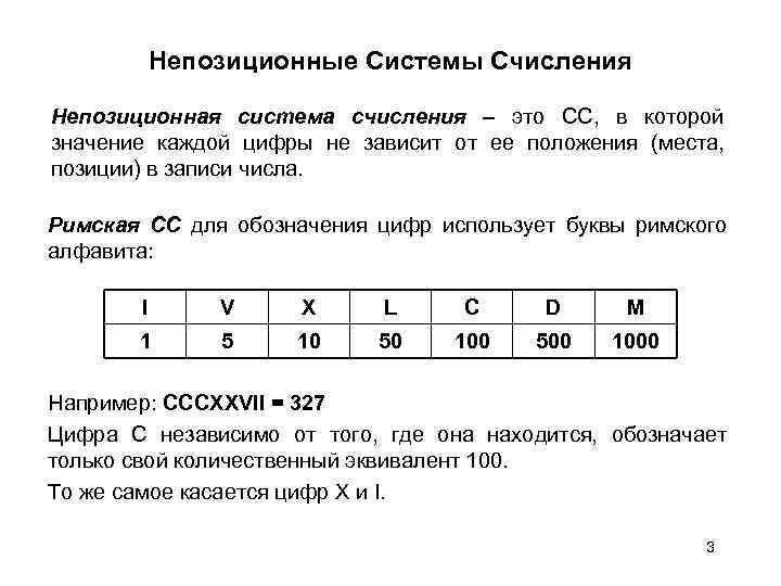 В системах счисления значение цифры не зависит от места занимаемого в изображении числа