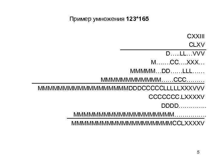 Пример умножения 123*165 CXXIII CLXV D…. . LL…VVV M……. CC…. XXX… MMMMM…DD……LLL…… MMMMMM……CCC……… MMMMMMMMMDDDCCCCCLLLLLXXXVVV