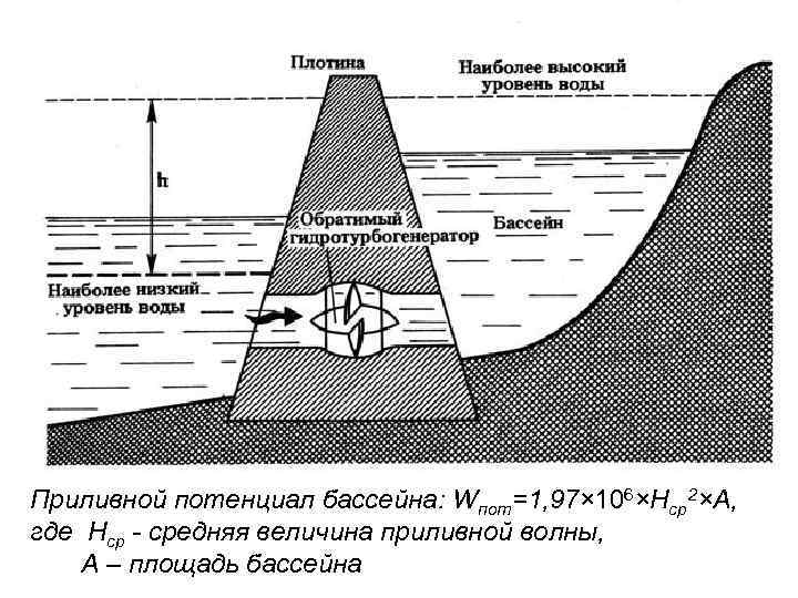 Приливной потенциал бассейна: Wпот=1, 97× 106×Hср2×А, где Hср - средняя величина приливной волны, А