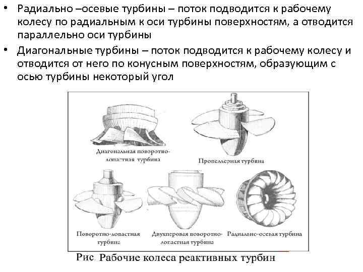  • Радиально –осевые турбины – поток подводится к рабочему колесу по радиальным к