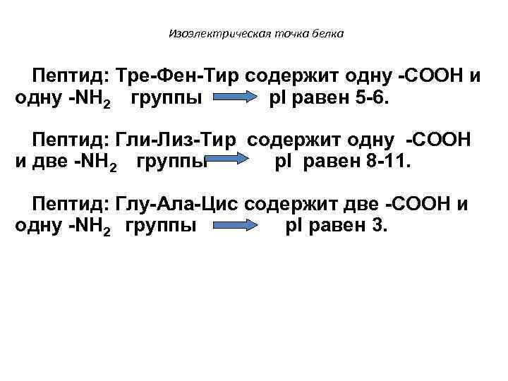 Изоэлектрическая точка белка Пептид: Тре-Фен-Тир содержит одну -COOH и одну -NH 2 группы p.