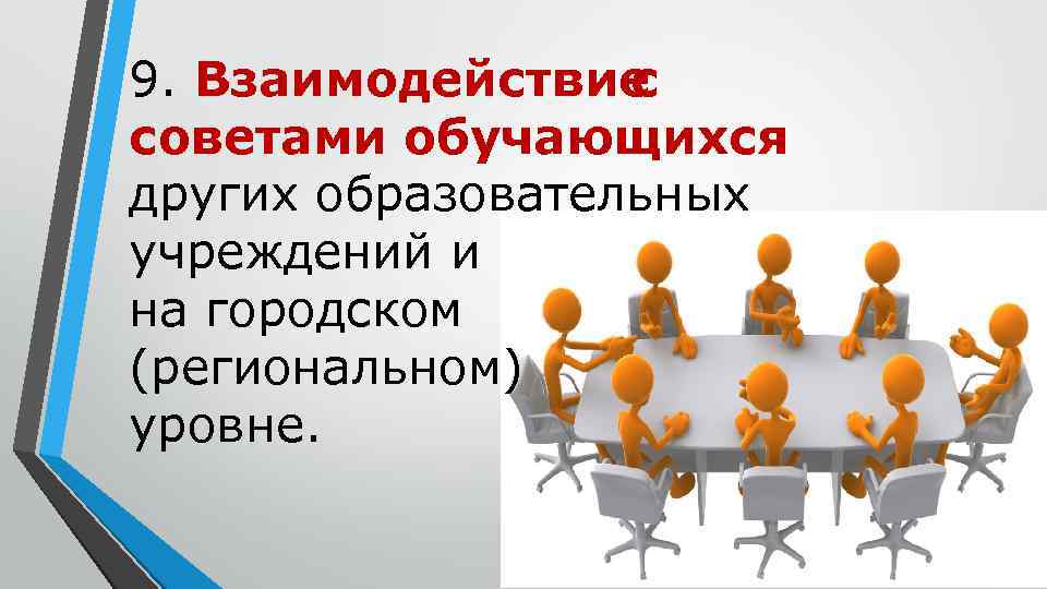 9. Взаимодействие с советами обучающихся других образовательных учреждений и на городском (региональном) уровне. 