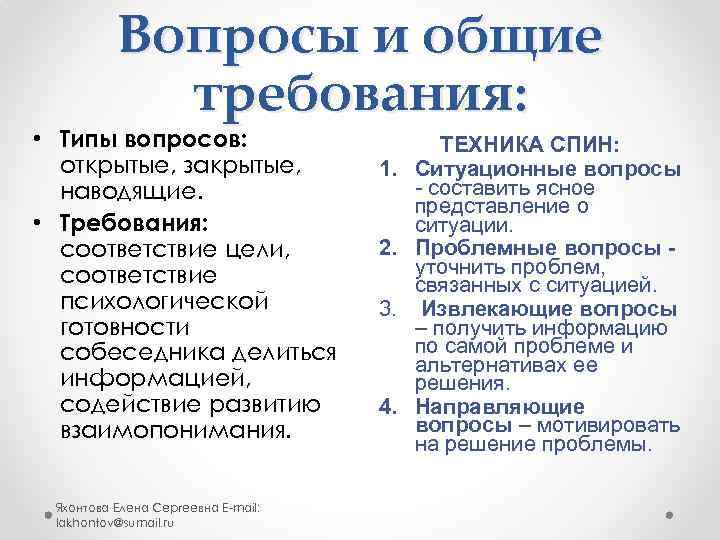 Вопросы и общие требования: • Типы вопросов: открытые, закрытые, наводящие. • Требования: соответствие цели,