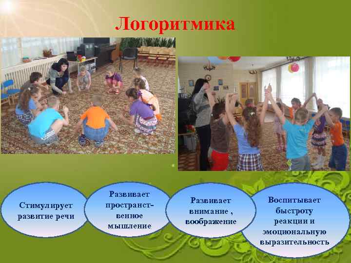 Логоритмика Стимулирует развитие речи Развивает пространственное мышление Развивает внимание , воображение Воспитывает быстроту реакции