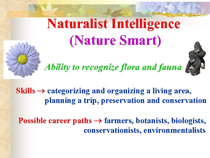 Naturalist Intelligence (Nature Smart) Ability to recognize flora and fauna Skills categorizing and organizing