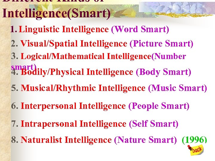 Different Kinds of Intelligence(Smart) 1. Linguistic Intelligence (Word Smart) 2. Visual/Spatial Intelligence (Picture Smart)