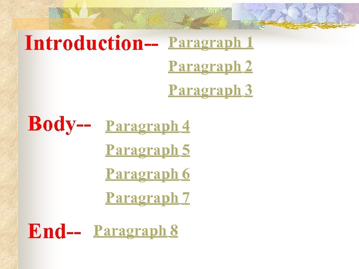 Introduction-- Paragraph 1 Paragraph 2 Paragraph 3 Body-- End-- Paragraph 4 Paragraph 5 Paragraph