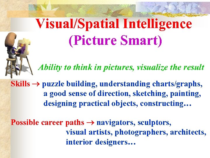 Visual/Spatial Intelligence (Picture Smart) Ability to think in pictures, visualize the result Skills puzzle