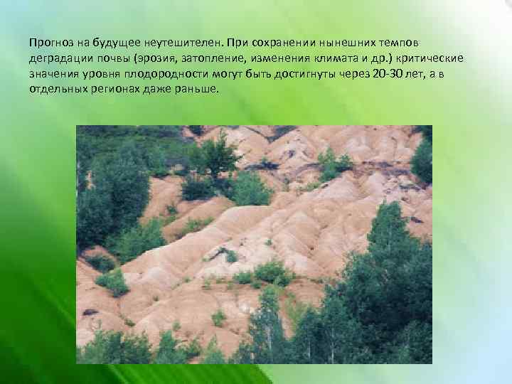Прогноз на будущее неутешителен. При сохранении нынешних темпов деградации почвы (эрозия, затопление, изменения климата