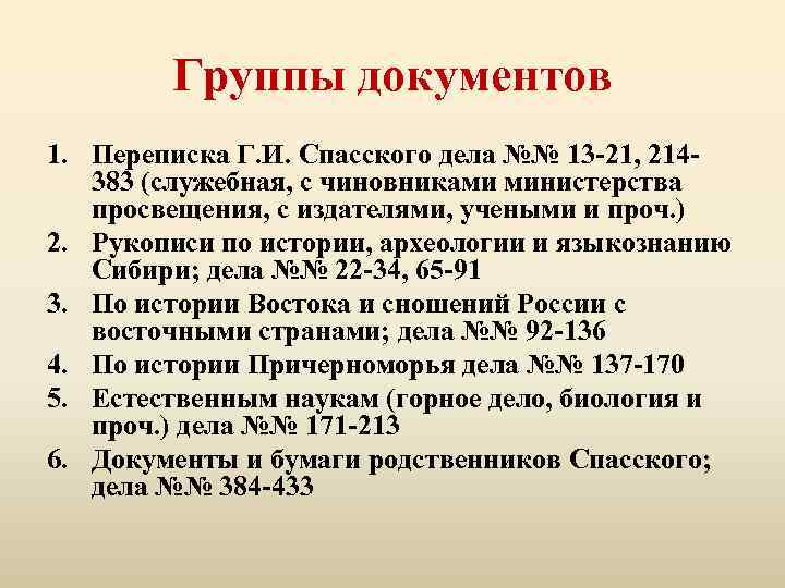 Группы документов 1. Переписка Г. И. Спасского дела №№ 13 -21, 214383 (служебная, с