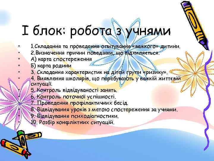I блок: робота з учнями • • • 1. Складання та проведення опитування «важкого»