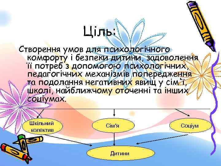 Ціль: Створення умов для психологічного комфорту і безпеки дитини, задоволення її потреб з допомогою