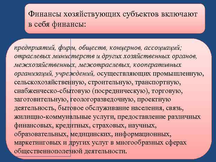 Финансы хозяйствующих субъектов включают в себя финансы: предприятий, фирм, обществ, концернов, ассоциаций; отраслевых министерств