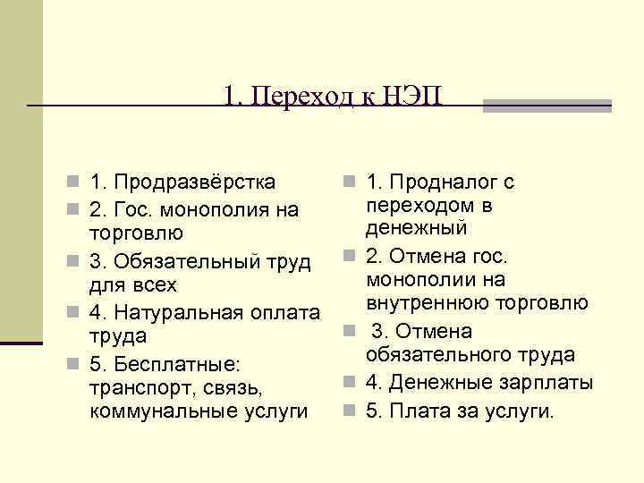 1. Переход к НЭП n 1. Продразвёрстка n 2. Гос. монополия на торговлю n